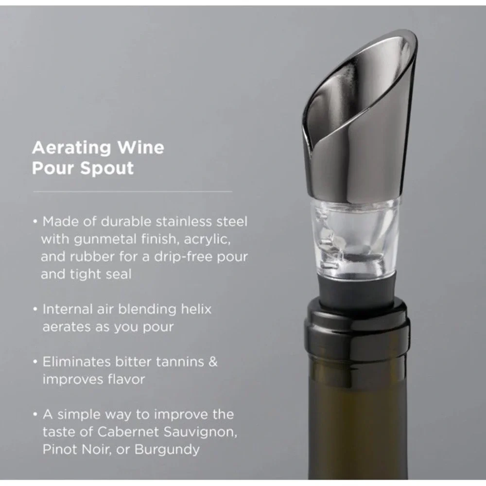 Viski‎ Gunmetal Aerating Pour Spout Wine Aerator, Drip Free, Stainless Steel NIB